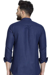 Buy Men's Blended Cotton Solid Kurta in Navy Blue Online - Side