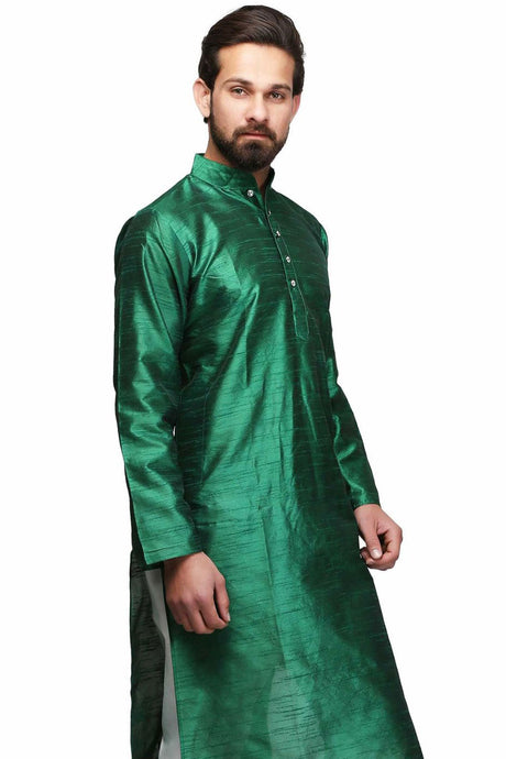 Buy Men's Art Silk Solid Kurta Set in green Online - Front