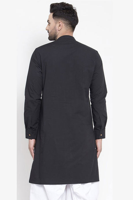 Buy Men's Blended Cotton Solid Kurta in Black Online - Back