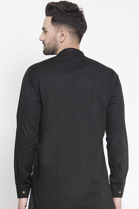 Buy Men's Blended Cotton Solid Kurta in Black Online - Back