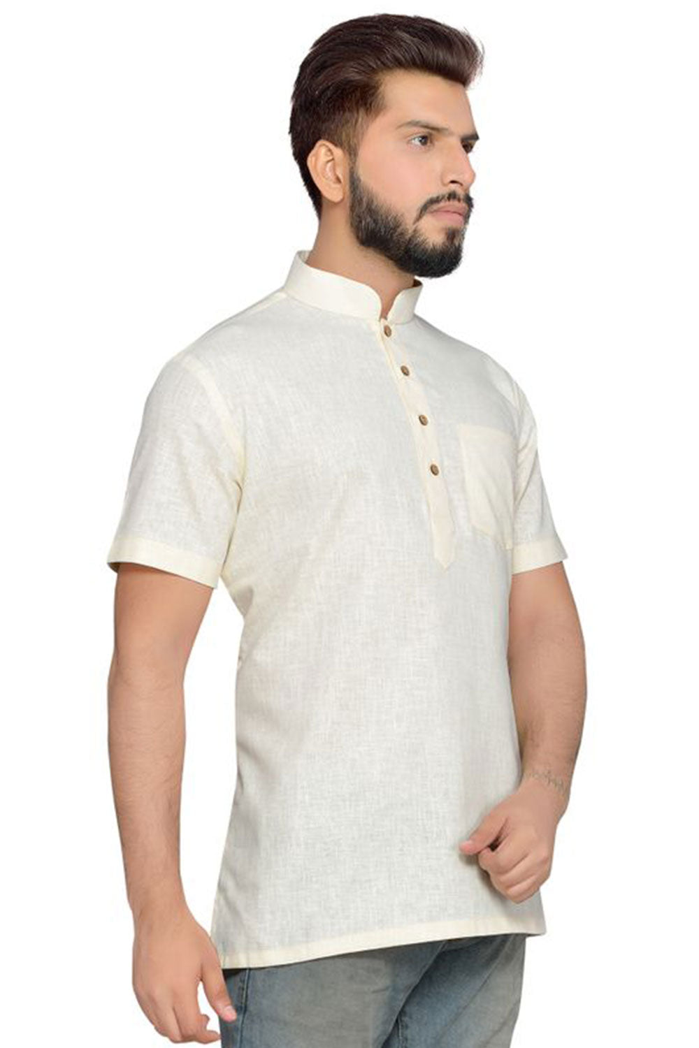 Buy Men's Blended Cotton Solid Kurta in Lemon Cream Online - Back