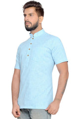 Buy Men's Blended Cotton Solid Kurta in Sky Blue Online - Back