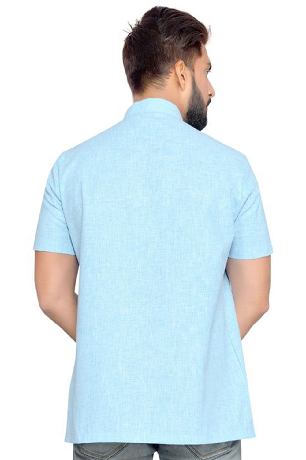 Buy Men's Blended Cotton Solid Kurta in Sky Blue Online - Front