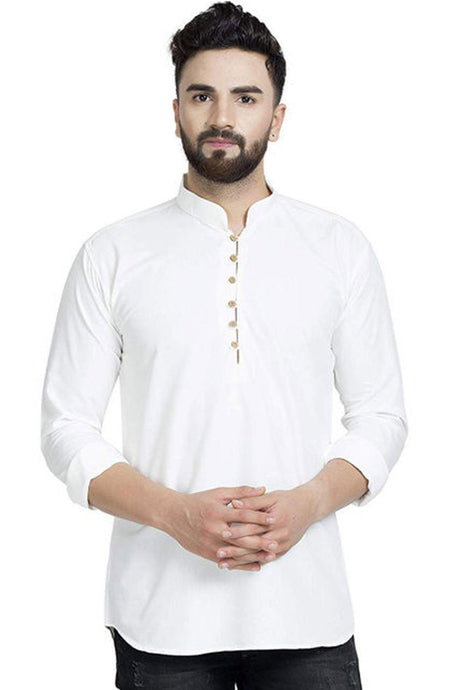 Buy Men's Blended Cotton Solid Kurta in Off White Online - Back