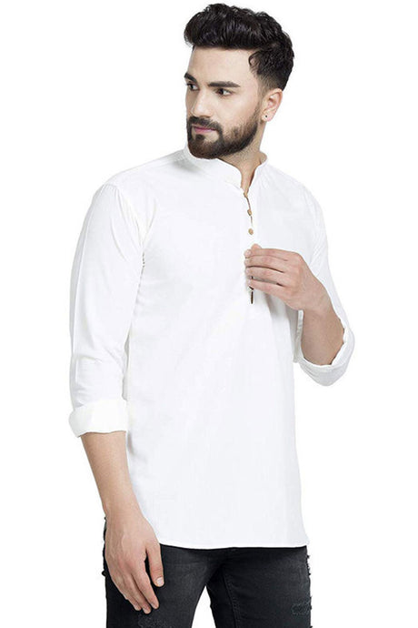 Buy Men's Blended Cotton Solid Kurta in Off White Online - Front