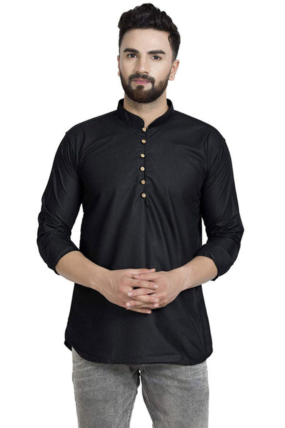 Buy Men's Blended Cotton Solid Kurta in Black Online - Back