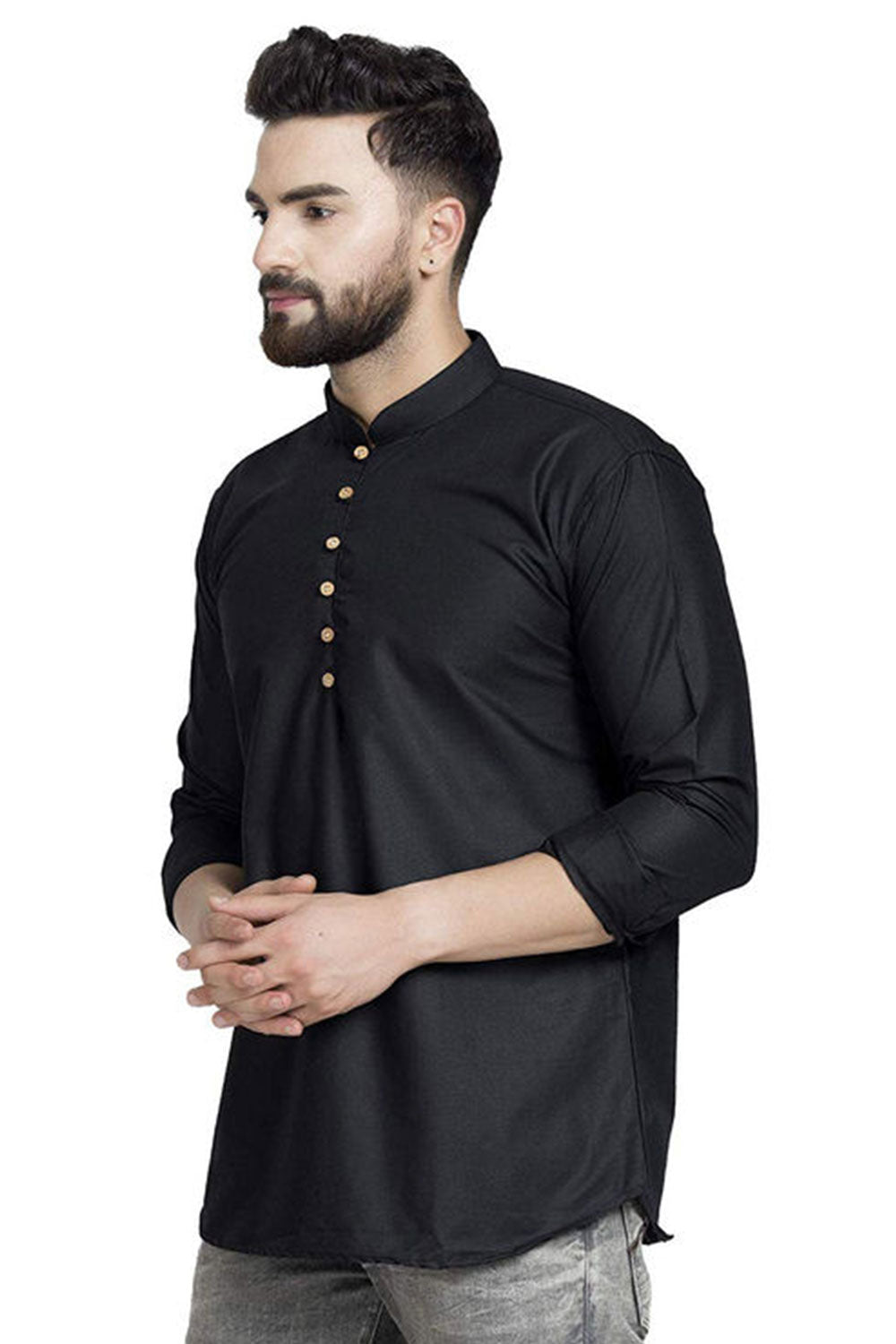 Buy Men's Blended Cotton Solid Kurta in Black Online - Front