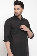 Buy Men's Blended Cotton Solid Kurta in Black Online - Back