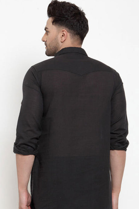 Buy Men's Blended Cotton Solid Kurta in Black Online - Front