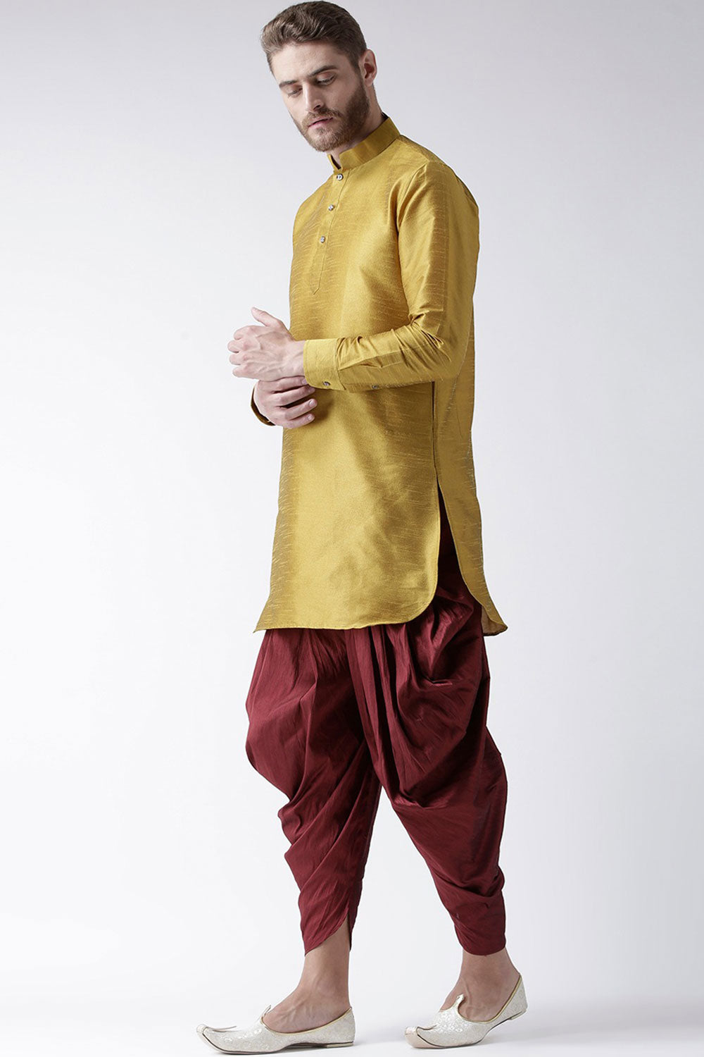 Buy Men's Art Silk Solid Kurta Set in Yellow Online - Back