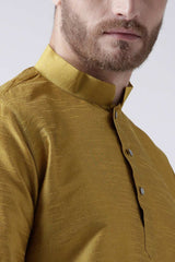 Buy Men's Art Silk Solid Kurta Set in Yellow Online - Front