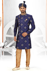 Buy Men's Art Silk  Embroidery  Sherwani Set in Navy Blue  Online