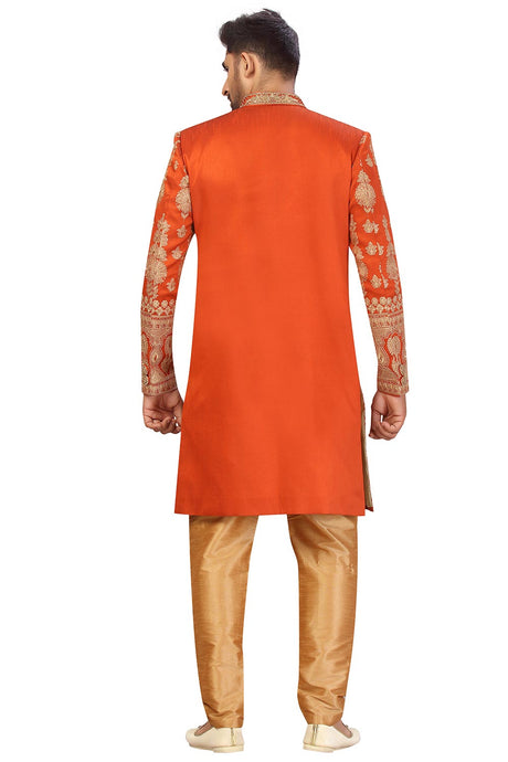 Buy Men's Art Silk  Embroidery  Sherwani Set in Rust Orange Online - Back