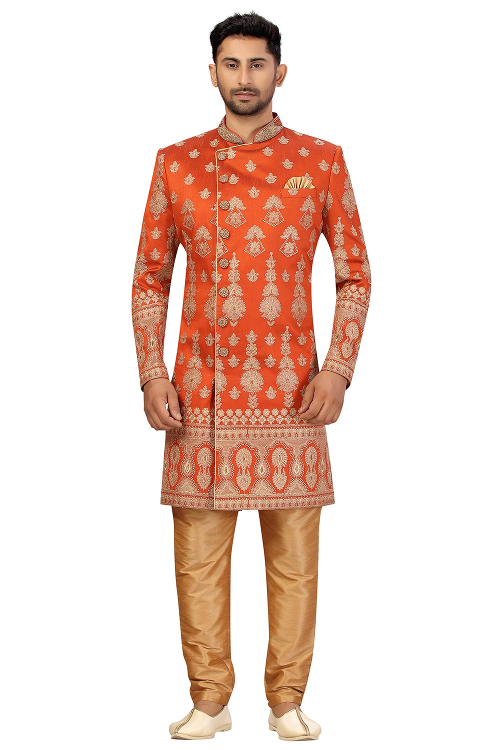 Buy Men's Art Silk  Embroidery  Sherwani Set in Rust Orange Online - Front