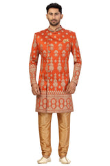 Buy Men's Art Silk  Embroidery  Sherwani Set in Rust Orange Online - Front