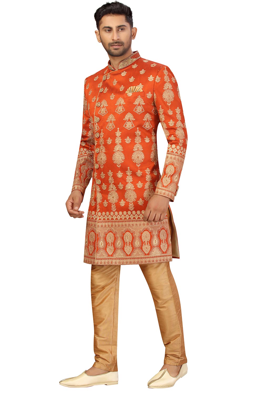 Buy Men's Art Silk  Embroidery  Sherwani Set in Rust Orange Online - Side