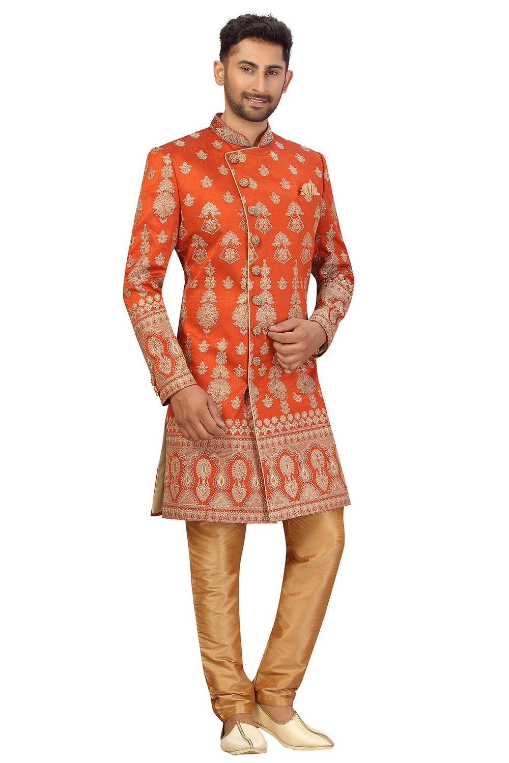 Buy Men's Art Silk  Embroidery  Sherwani Set in Rust Orange Online - Zoom In