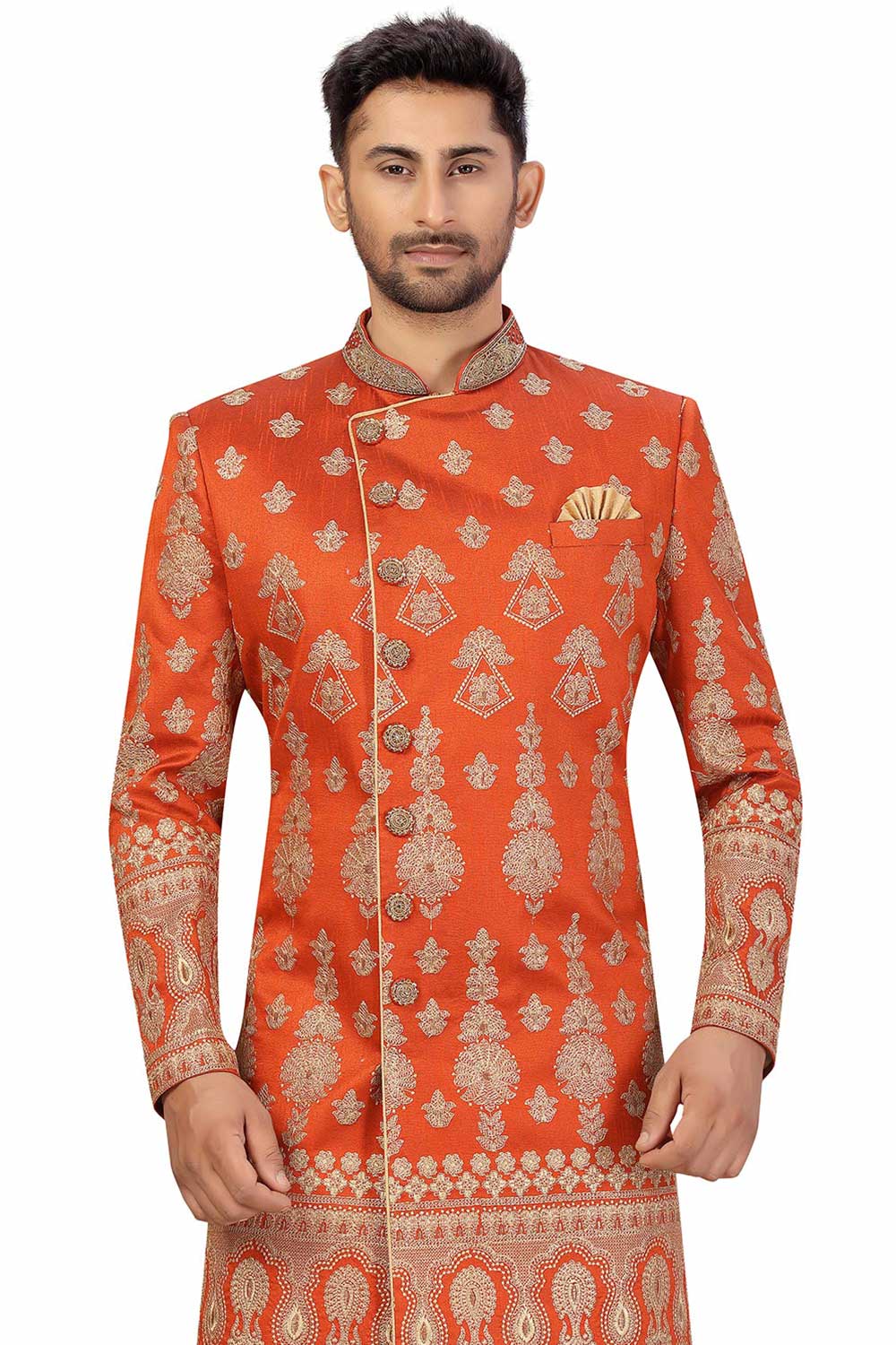 Buy Men's Art Silk  Embroidery  Sherwani Set in Rust Orange Online - Zoom Out