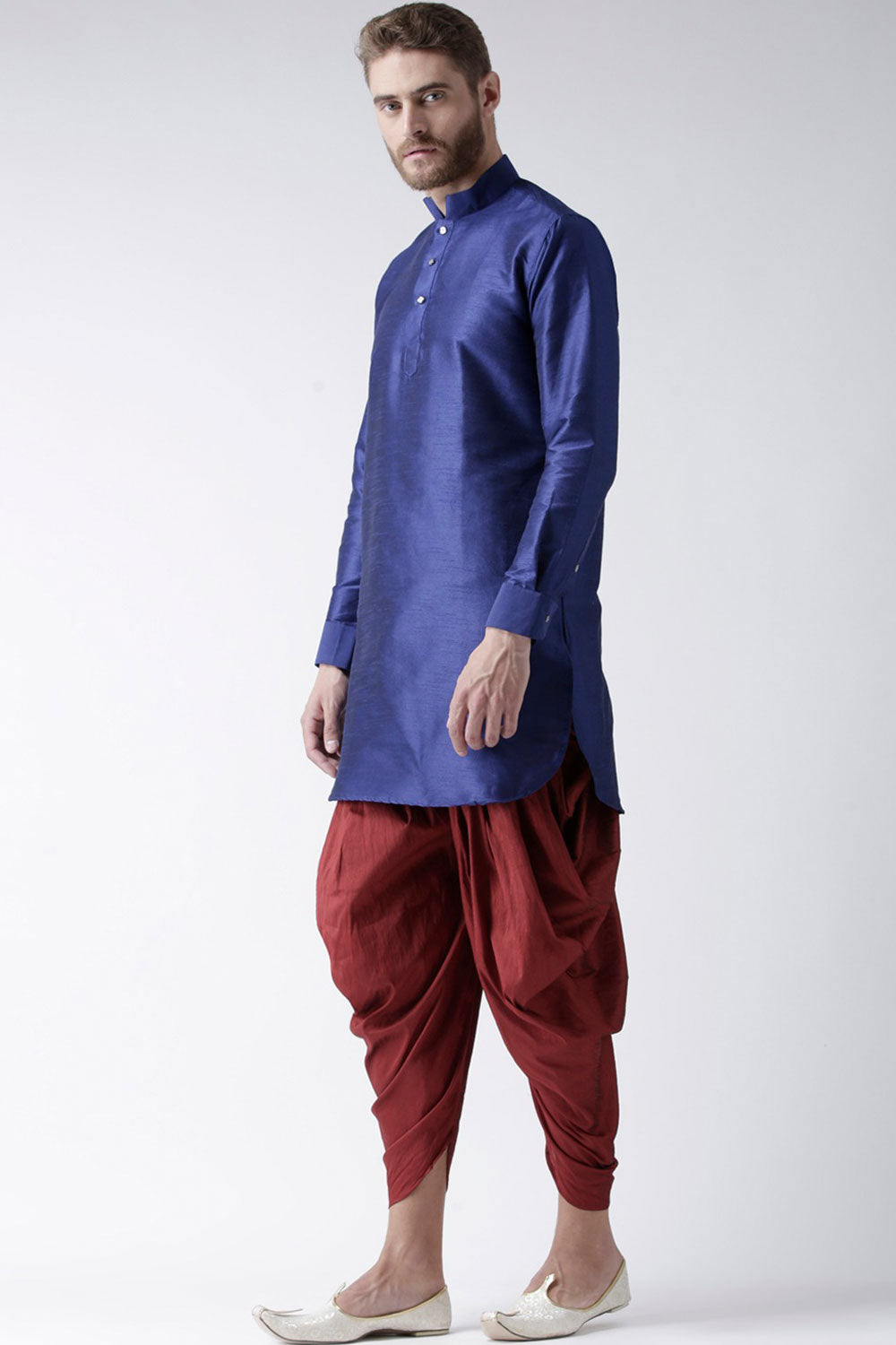 Buy Men's Art Silk Solid Kurta Set in Navy Blue Online - Back