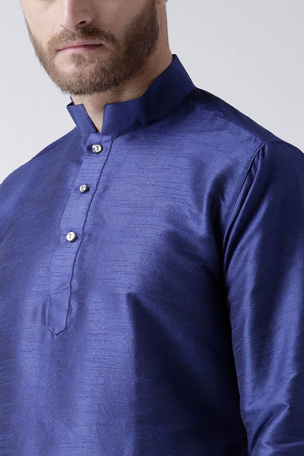Buy Men's Art Silk Solid Kurta Set in Navy Blue Online - Front