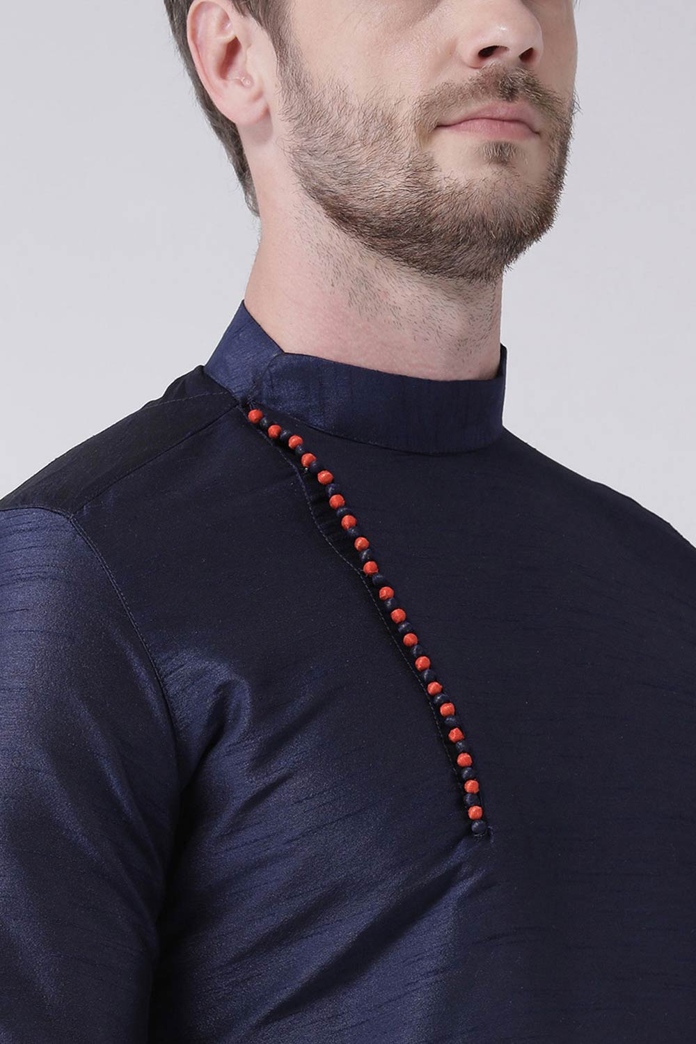 Buy Men's Art Silk Solid Kurta Set in Navy Blue Online