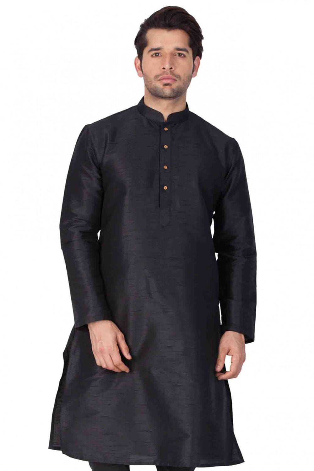 Buy Men's Art Silk Solid Kurta Set in Black Online - Back