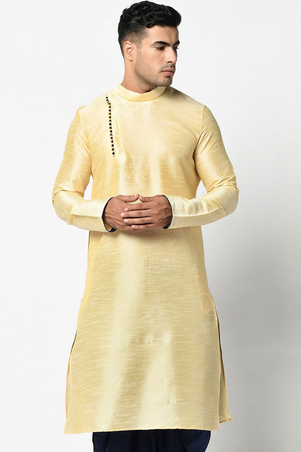 Buy Men's Art Silk Solid Kurta Set in Beige Online - Front