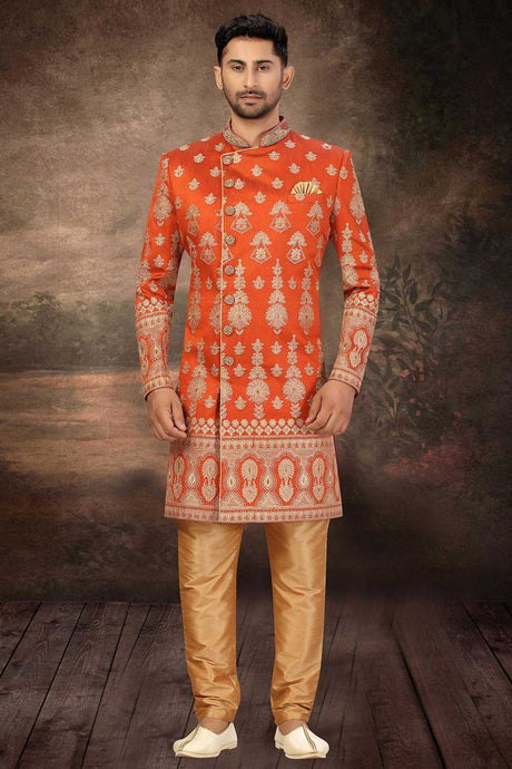 Buy Men's Art Silk  Embroidery  Sherwani Set in Rust Orange Online