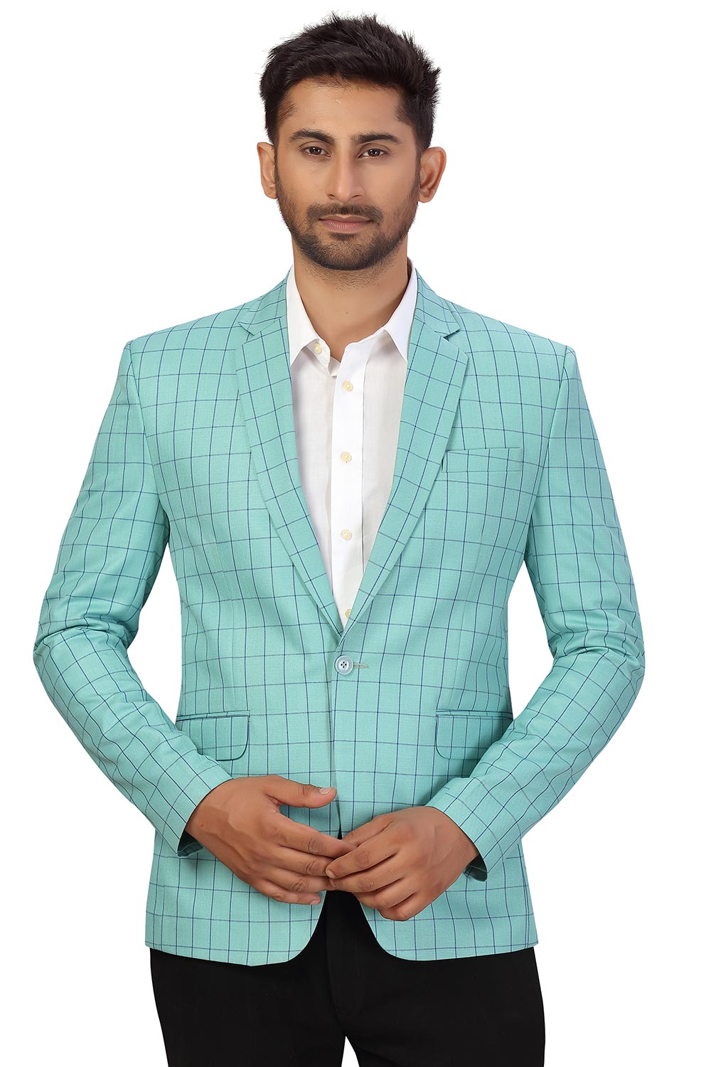 Buy Men's Checks Suiting Fabric  Checks Printed Blazer in Sea Green Online - Front
