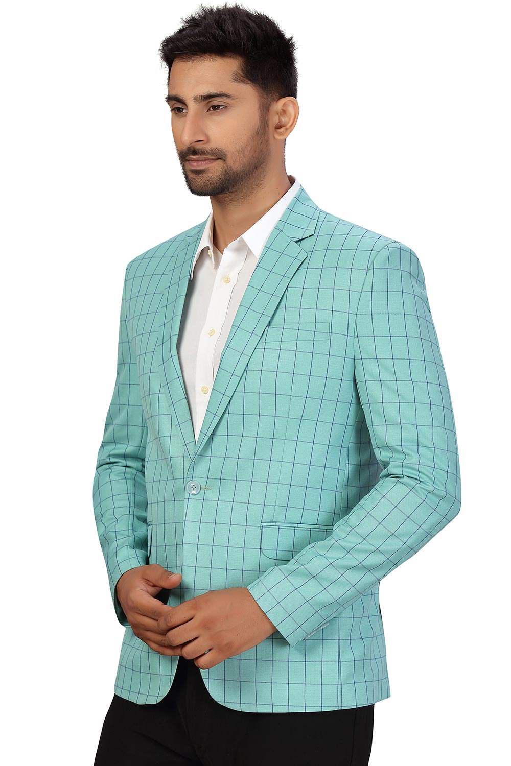 Buy Men's Checks Suiting Fabric  Checks Printed Blazer in Sea Green Online - Side