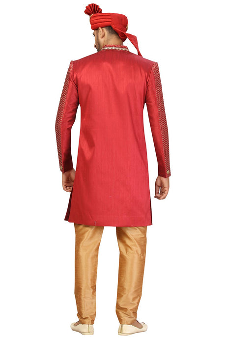 Buy Men's Art Silk  Embroidery  Sherwani Set in Maroon  Online - Back