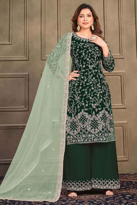 Buy Green Velvet Floral Embroidered Palazzo Suit Set Online