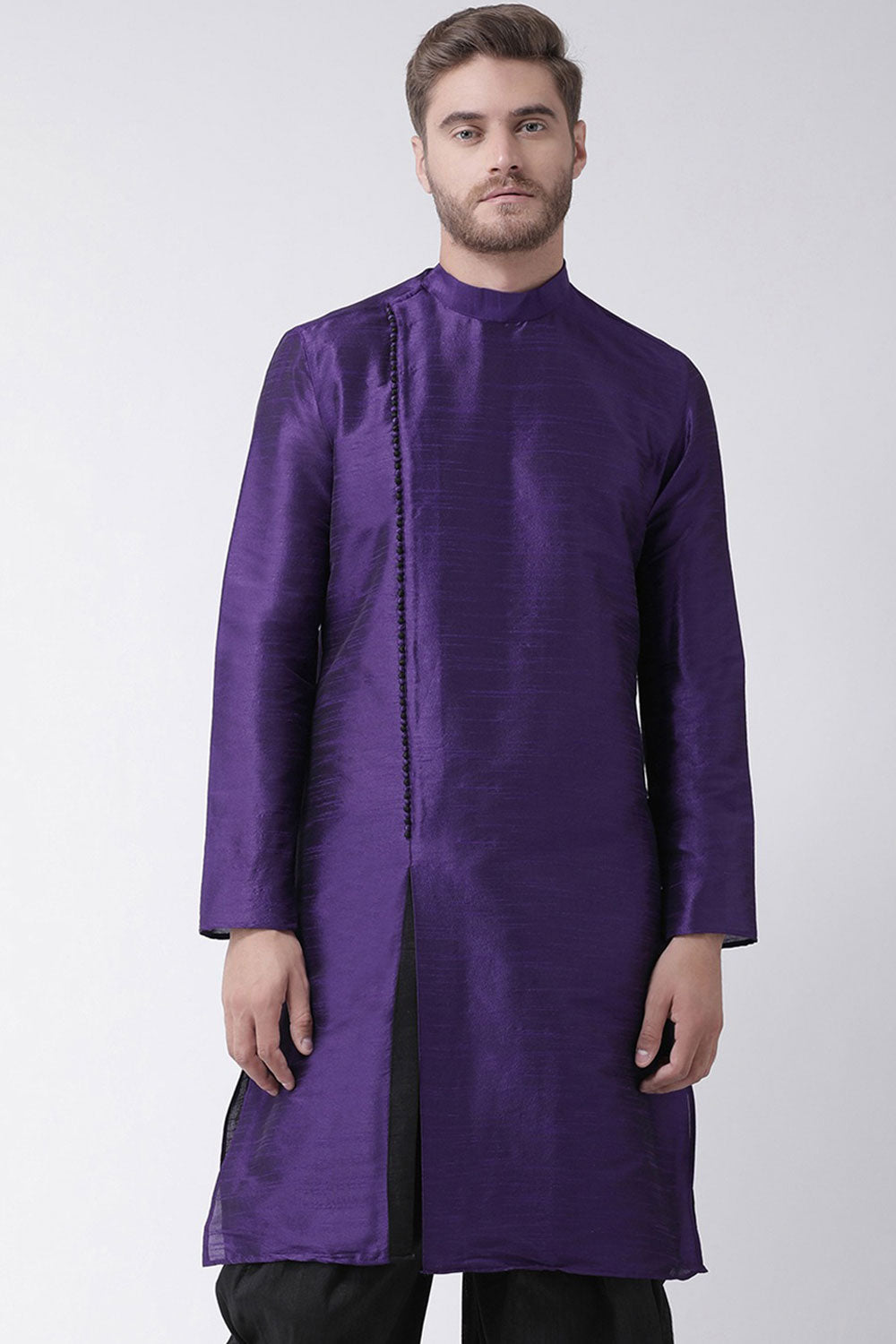 Buy Men's Art Silk Solid Kurta Set in Purple Online - Front