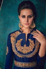 Art Silk Embroidered Gown in Blue - Zoom