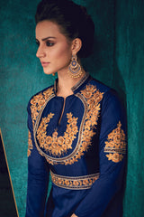 Art Silk Embroidered Gown in Blue - Side