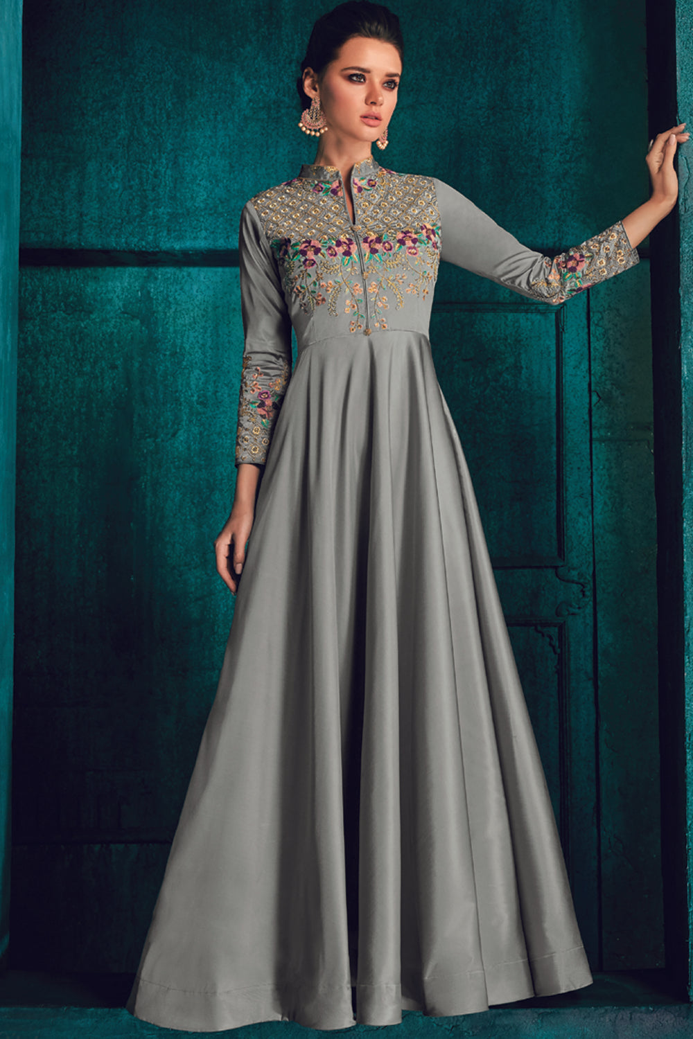 Art Silk Embroidered Gown in Grey