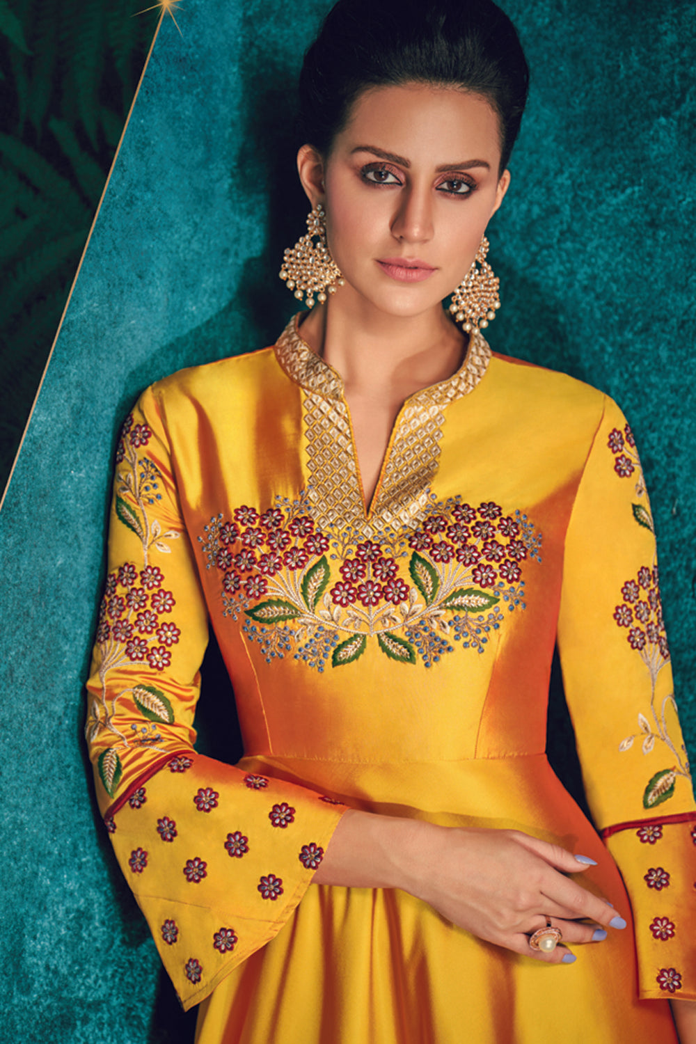 Art Silk Embroidered Gown in Yellow - Zoom