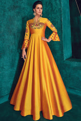 Art Silk Embroidered Gown in Yellow