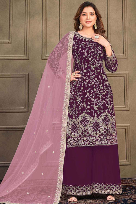 Buy Purple Velvet Floral Embroidered Palazzo Suit Set Online