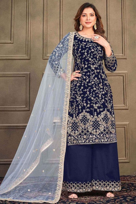 Buy Navy Blue Velvet Floral Embroidered Palazzo Suit Set Online