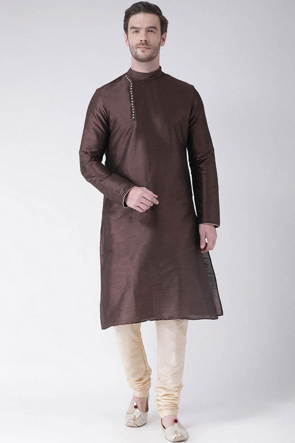 Buy Men's Art Silk Solid Kurta Set in Brown Online - Back