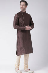 Buy Men's Art Silk Solid Kurta Set in Brown Online - Front