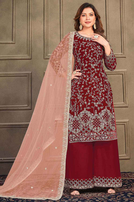 Buy Maroon Velvet Floral Embroidered Palazzo Suit Set Online