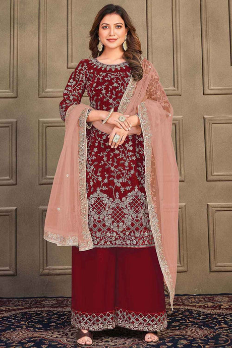 Buy Maroon Velvet Floral Embroidered Palazzo Suit Set Online - Back