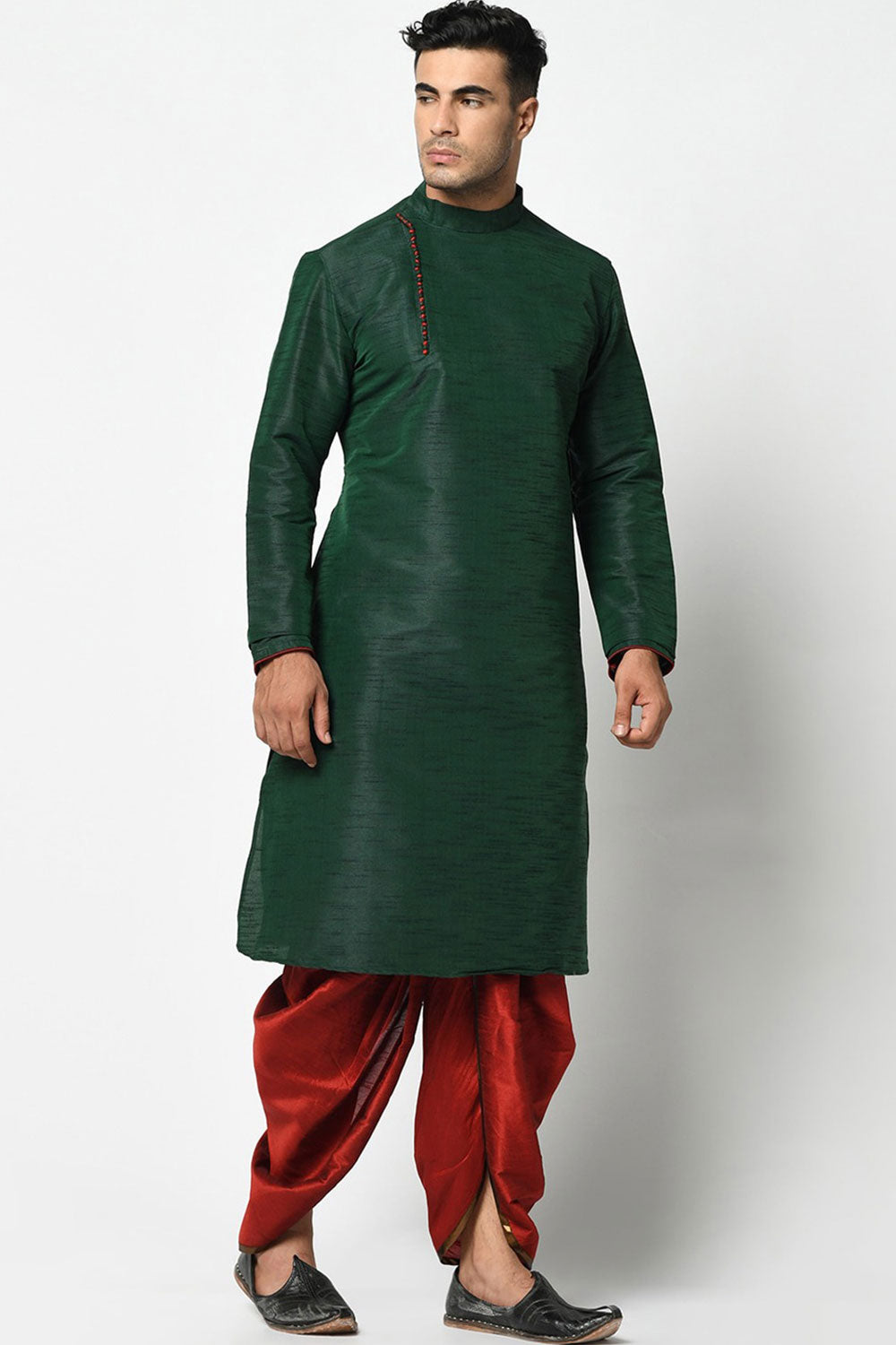 Buy Men's Art Silk Solid Kurta Set in Green Online - Front