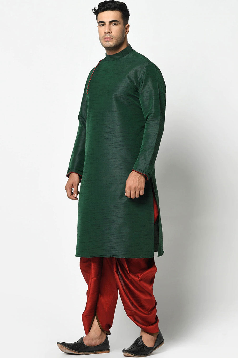 Buy Men's Art Silk Solid Kurta Set in Green Online - Side