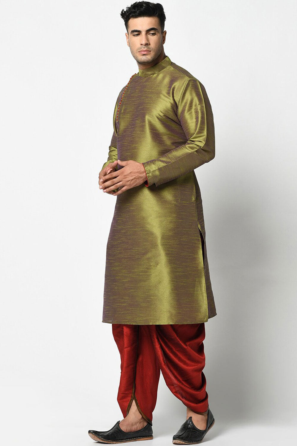 Buy Men's Art Silk Solid Kurta Set in Mehndi Green Online - Front