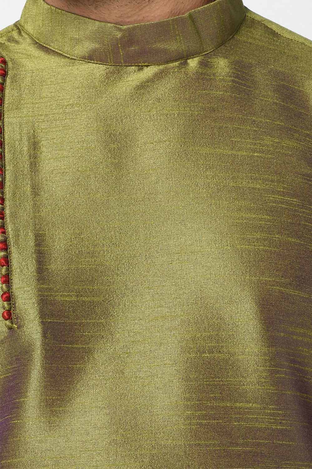 Buy Men's Art Silk Solid Kurta Set in Mehndi Green Online - Side