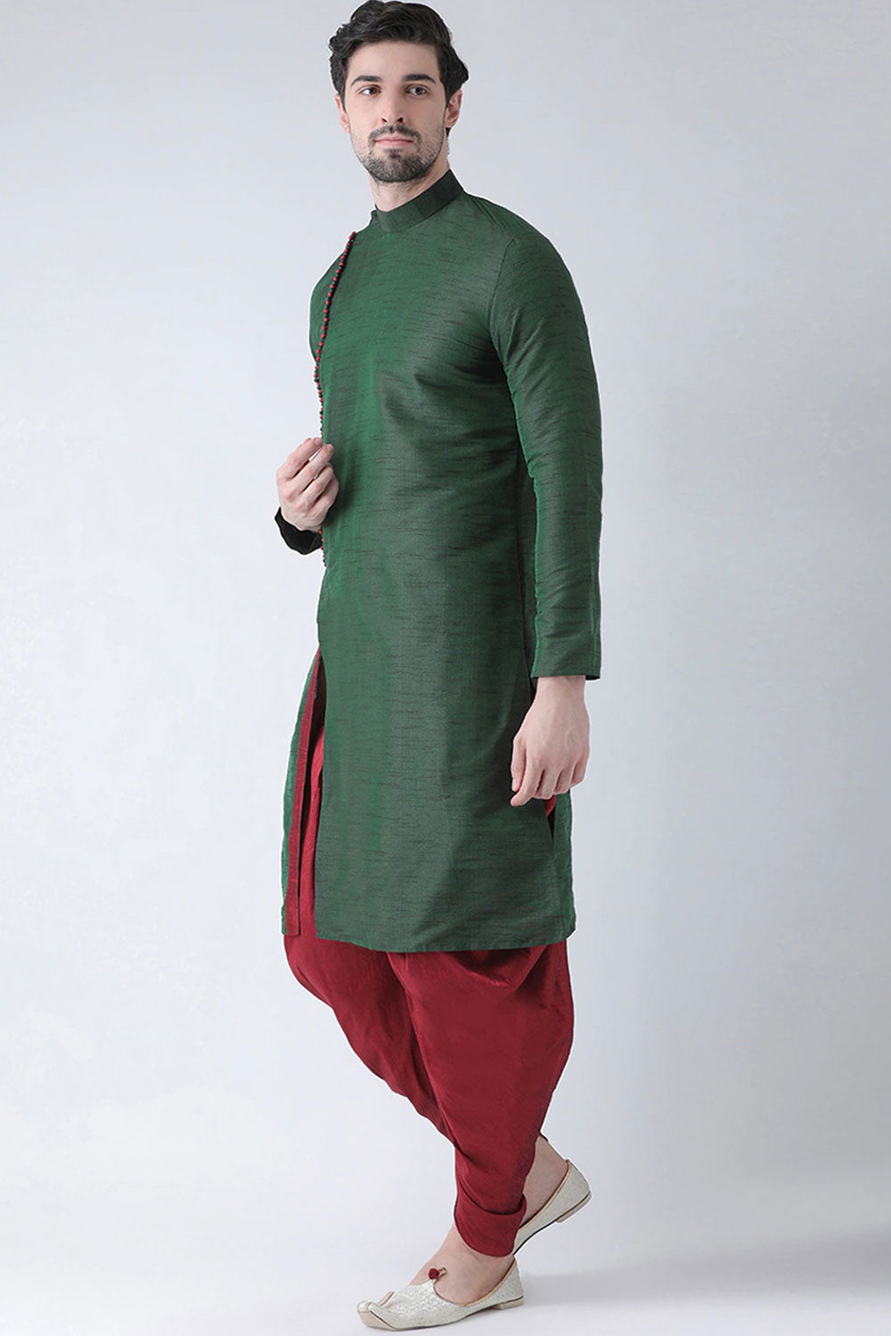 Buy Men's Art Silk Solid Kurta Set in Green Online - Front