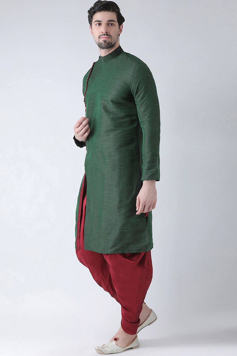 Buy Men's Art Silk Solid Kurta Set in Green Online - Side